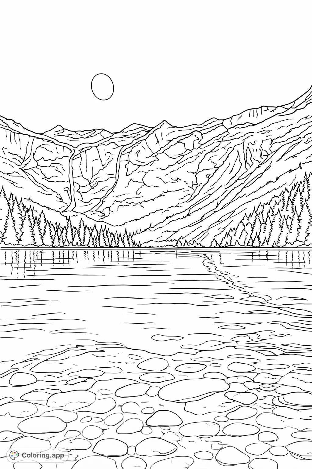 Explore a serene mountain lake scene with majestic peaks, a dense forest, and crystal-clear water reflecting the sky and showing submerged rocks. Perfect for nature lovers.