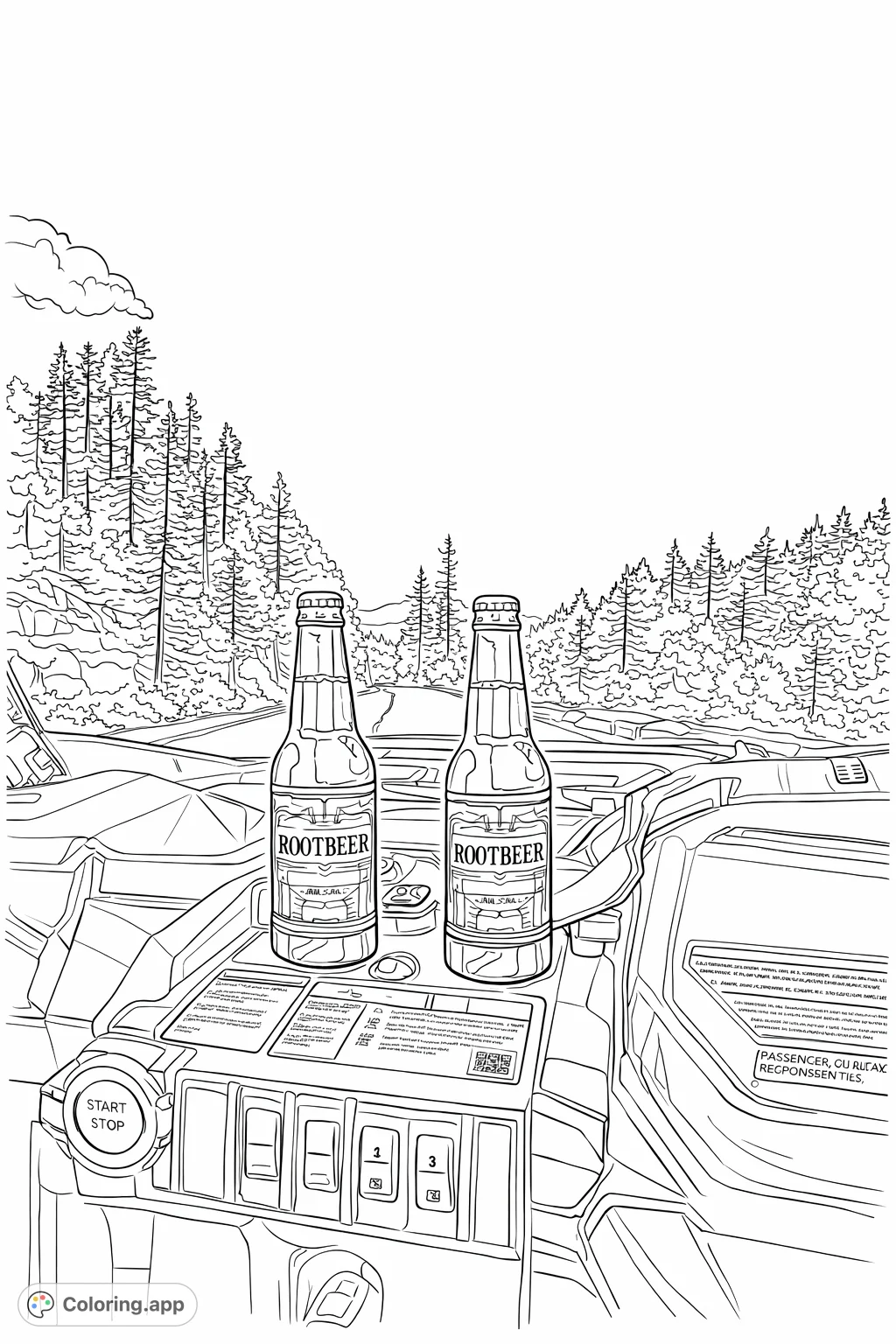 Two root beer bottles on an off-road vehicle dashboard, overlooking a winding mountain road and dense forest under a clear sky. A detailed nature and adventure coloring page.