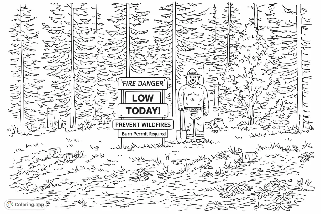 A detailed forest fire danger coloring page featuring Smokey Bear next to a sign, set against a backdrop of dense trees and grassy slopes. Perfect for awareness and fun.