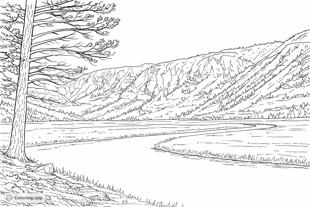 Explore this scenic winding river valley coloring page, featuring a majestic tree, flowing river, vast plains, and rugged mountains. Perfect for nature lovers!