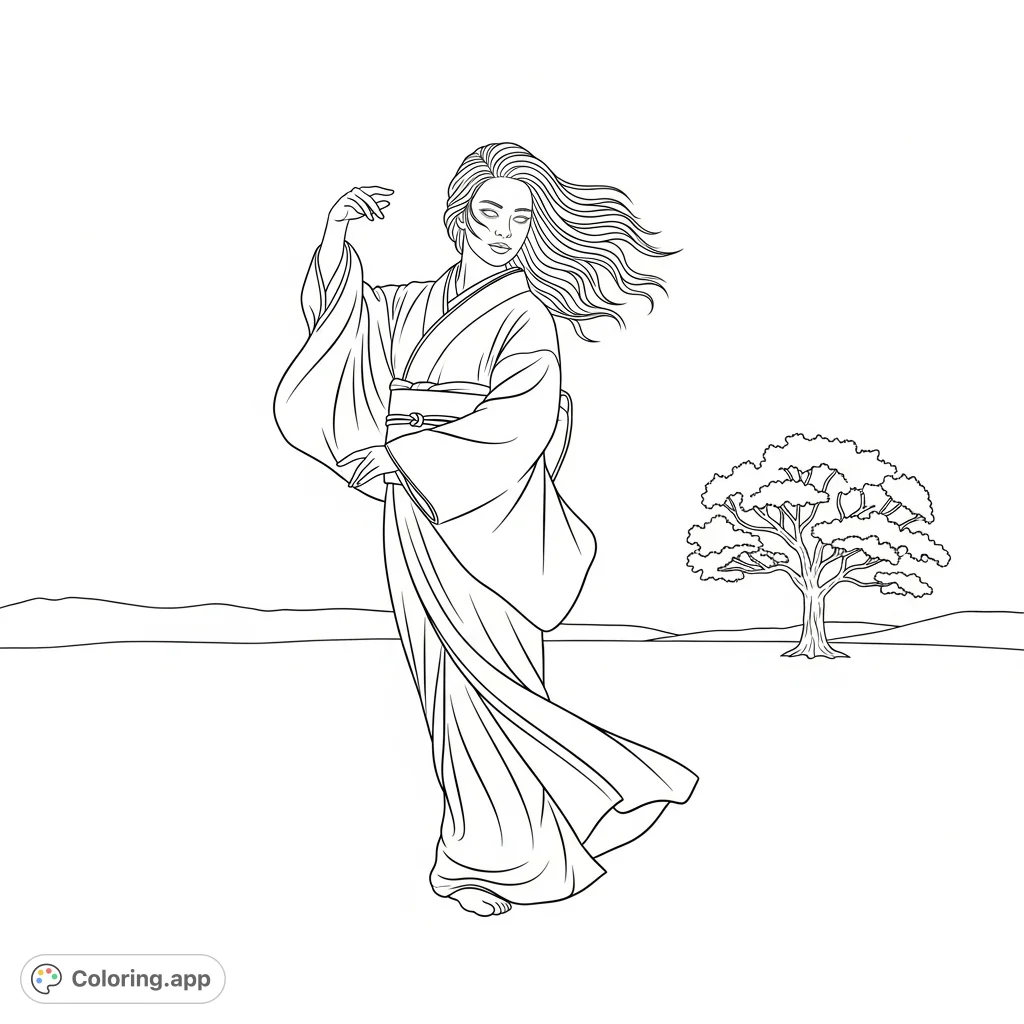 Discover serenity with this graceful kimono woman coloring page. A dancer on an open field with flowing hair and a solitary tree.