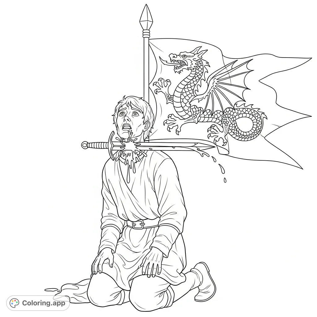 A powerful and somber image depicting a kneeling man with a sword at his throat, beneath a majestic dragon flag. Explore themes of sacrifice and ancient lore.