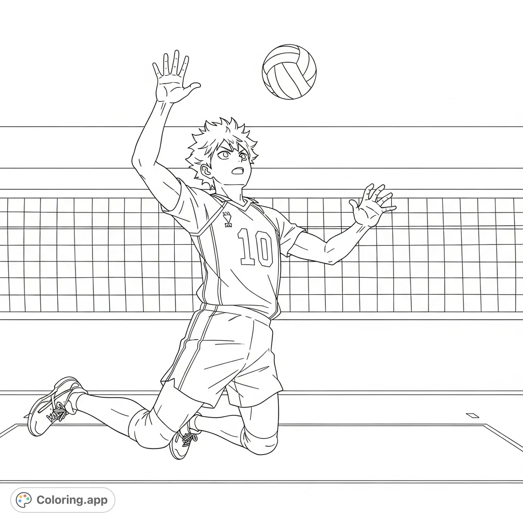 Dive into the action with this dynamic Shoyo Hinata coloring page! Capture the Karasuno ace mid-spike, showcasing his powerful athletic form and iconic uniform.