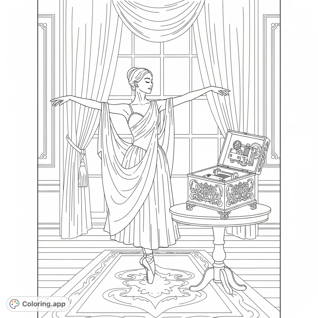 Step into a charming room where a graceful ballerina dances beside an intricate music box. A captivating scene for coloring enthusiasts of all ages.