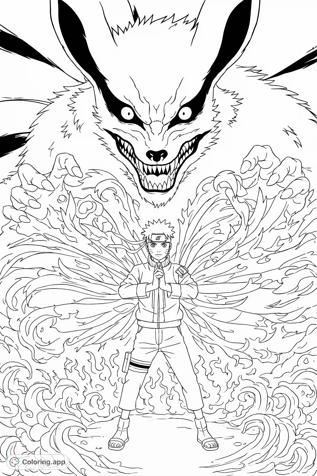 Unleash your creativity with this dynamic Naruto coloring page featuring the powerful Nine-Tailed Fox and intense energy effects. A thrilling adventure!