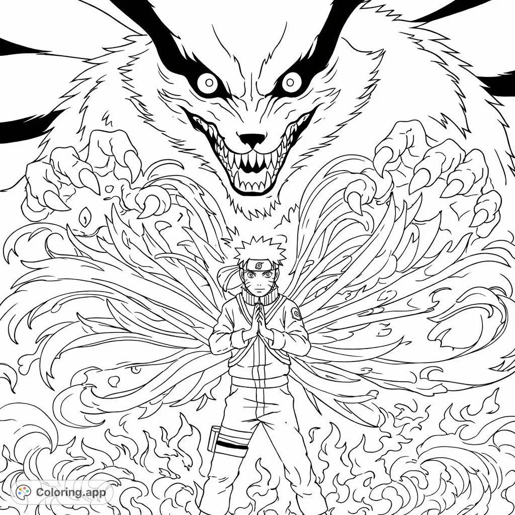 Unleash your creativity with this dynamic ninja coloring page, featuring a determined character and a looming multi-tailed fox entity amidst swirling energy.