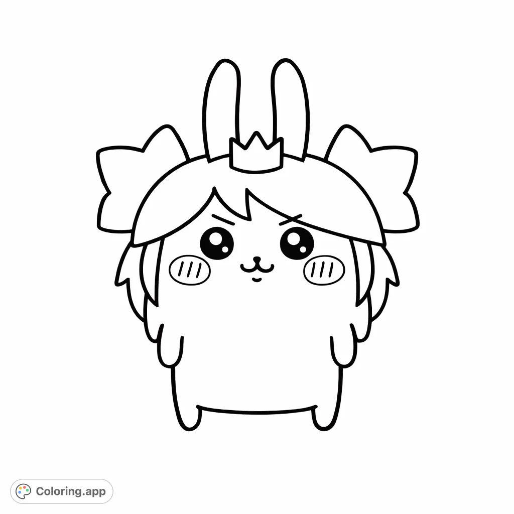 A charming, grumpy cartoon character with bunny ears, playful bows, and a regal crown, perfect for imaginative coloring fun.