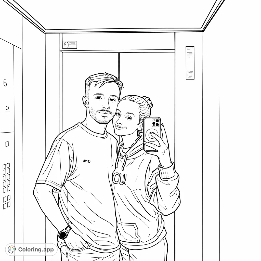 Capture a modern moment with this elevator selfie coloring page. A couple poses casually, ready for a fun coloring adventure in a contemporary setting.