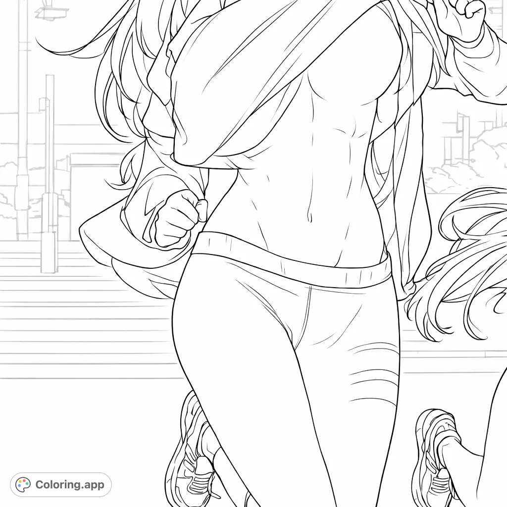 Dynamic athletic figure in a sporty pose, showcasing detailed activewear and expressive body lines, perfect for creative coloring and stress relief.