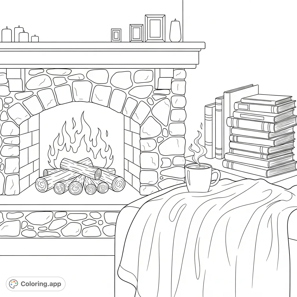 Immerse yourself in a serene fireplace scene. Features a crackling hearth, soft blanket, inviting books, and a steaming mug, perfect for cozy coloring.
