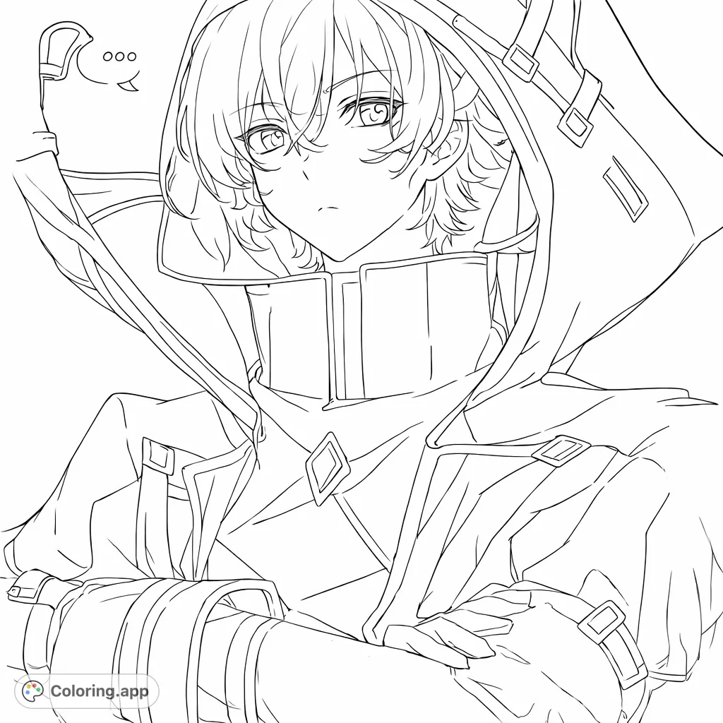 An enigmatic anime character in a detailed cloak, striking a thoughtful pose. Features intricate attire, expressive face, and subtle fantasy elements, perfect for fans of character-focused coloring.