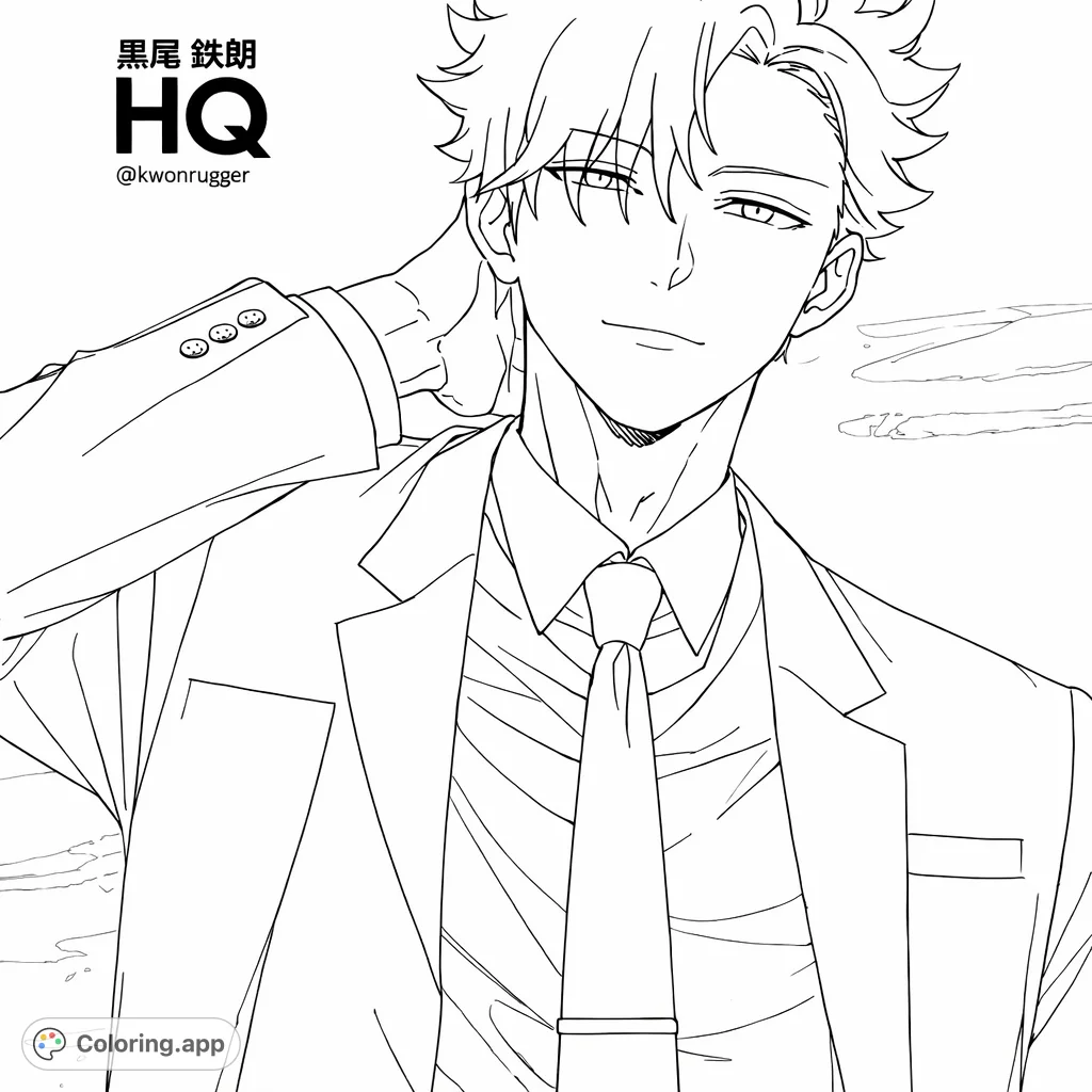 A sleek anime character in a suit with a confident expression, hand behind his neck. Perfect for anime fans to color and customize his stylish look.