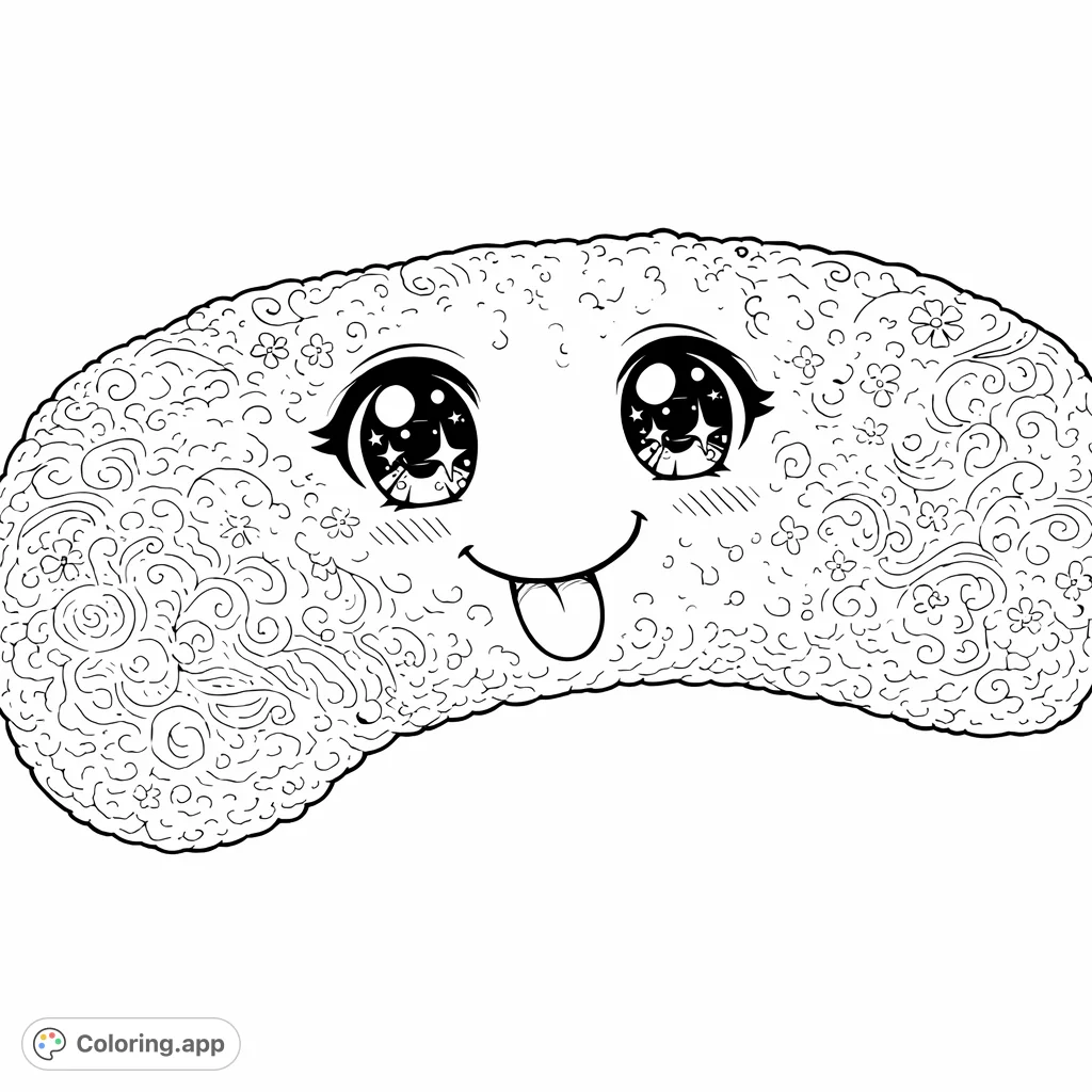 A cheerful, anime-inspired snack comes to life with a playful smile and intricate textures. Perfect for a fun, detailed coloring experience!