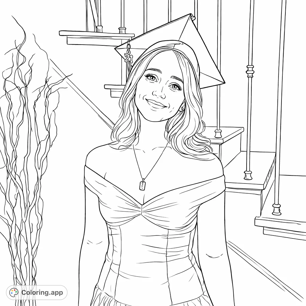 Celebrate achievement with this graduation coloring page featuring a smiling woman in a cap and off-the-shoulder dress, against a staircase and decorative branches.