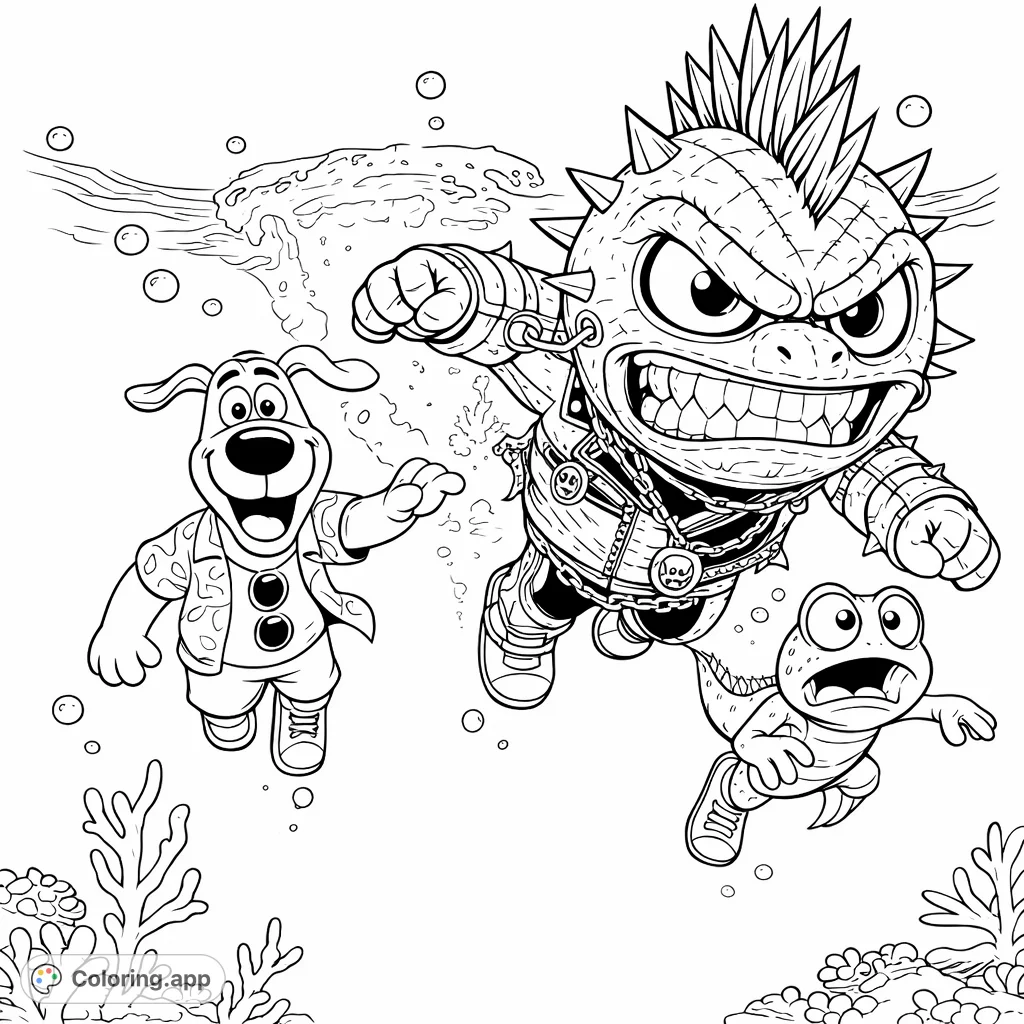 Dive into an exciting underwater adventure with a friendly dog, a spiky character, and a small lizard! Perfect for creative exploration.