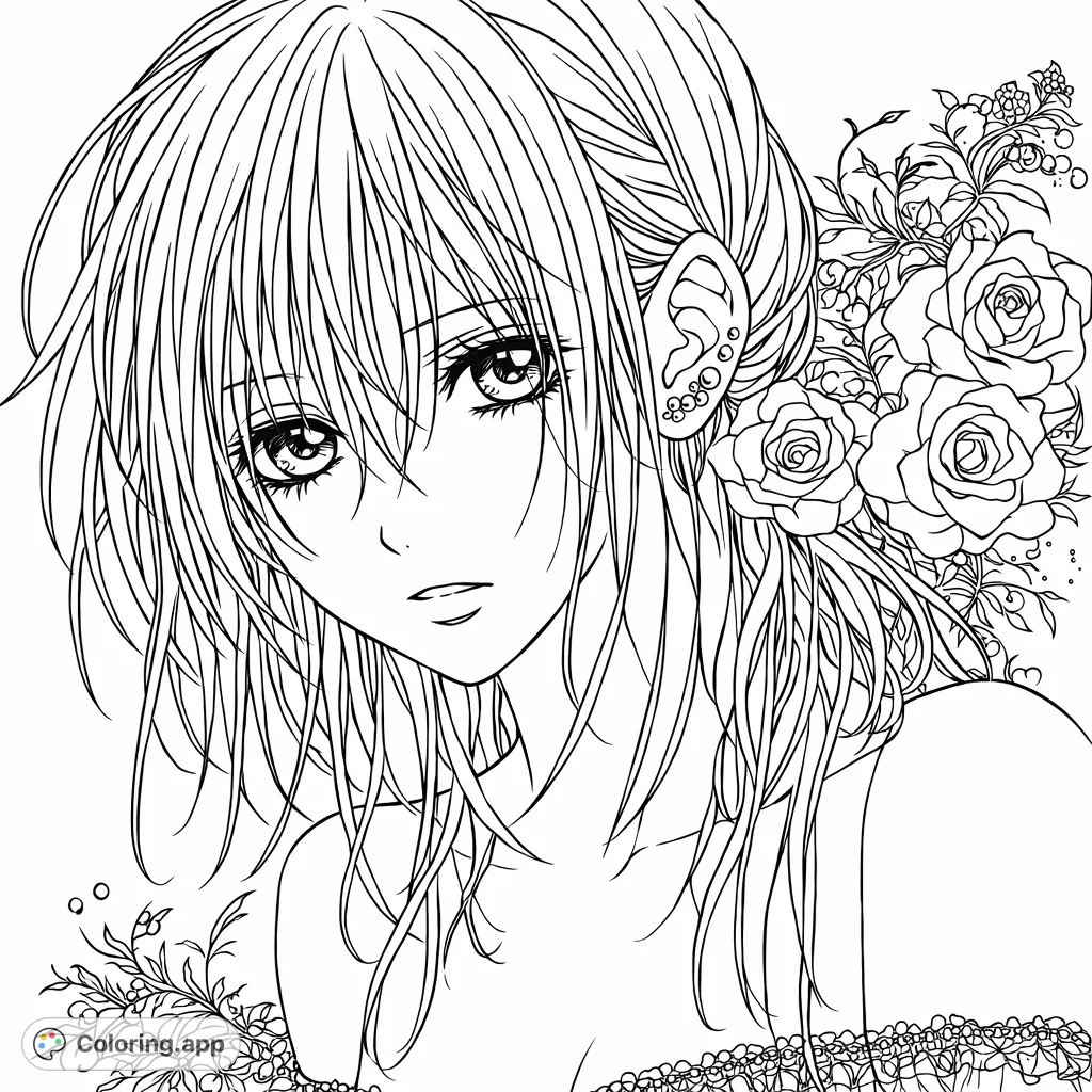 A striking anime character portrait featuring intricate hair, captivating eyes, and elegant roses, perfect for detailed coloring and artistic expression.