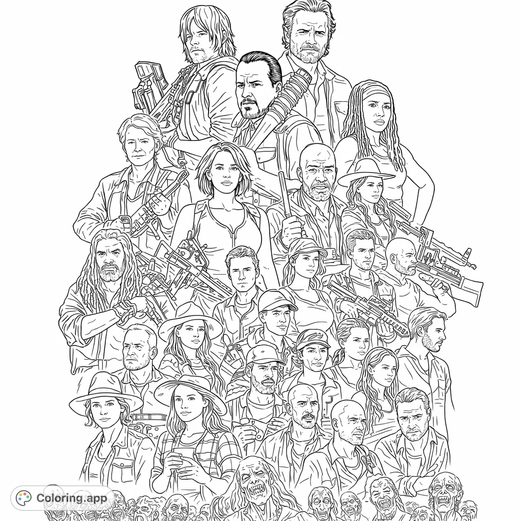 Epic ensemble of resilient survivors facing a horde of undead. Features many characters and detailed textures for a thrilling coloring experience.