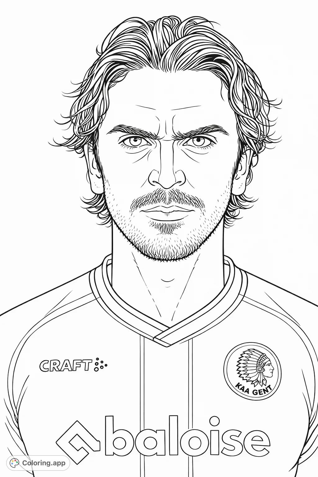 A detailed coloring page featuring a focused athlete portrait, showcasing textured hair, a neatly trimmed beard, and a sports jersey with distinct emblems.