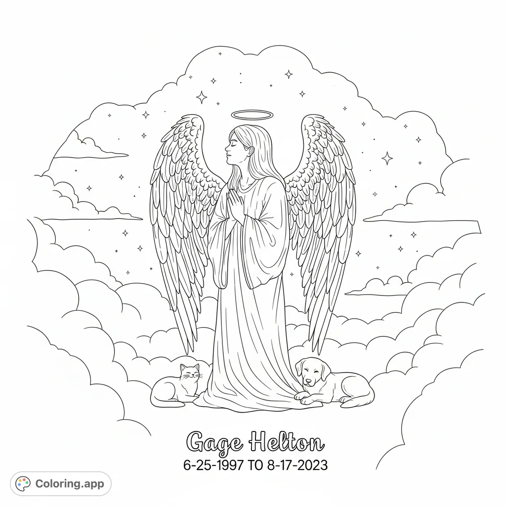 A heartfelt memorial tribute featuring a serene figure with angel wings, a halo, and inscribed dates. A beautiful way to honor a loved one.