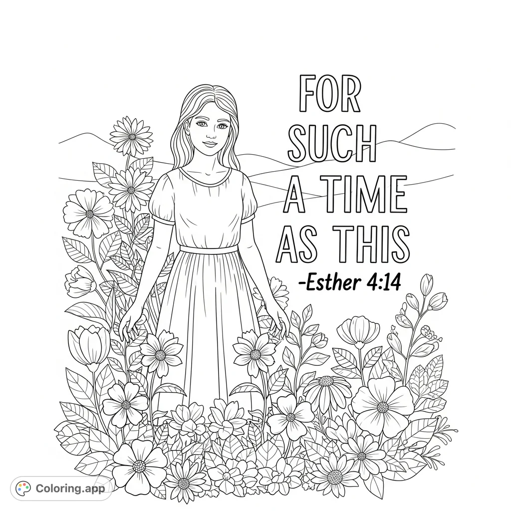 An inspiring girl surrounded by detailed flowers and natural elements, with the uplifting scripture 'For such a time as this' – Esther 4:14. A beautiful, free printable coloring page.