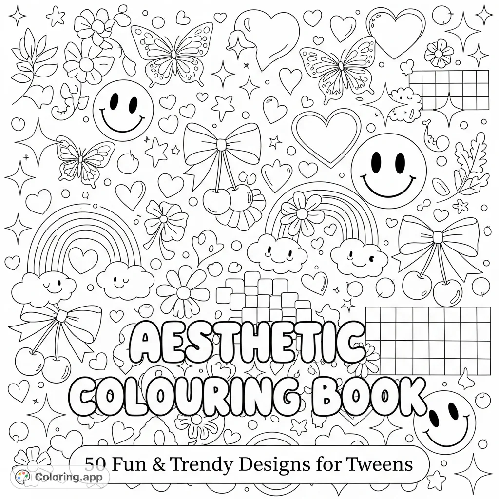 Discover a trendy collection of cute doodles, including smiley faces, hearts, stars, and rainbows, framed by a playful bubble letter title. Perfect for fun and positive vibes!