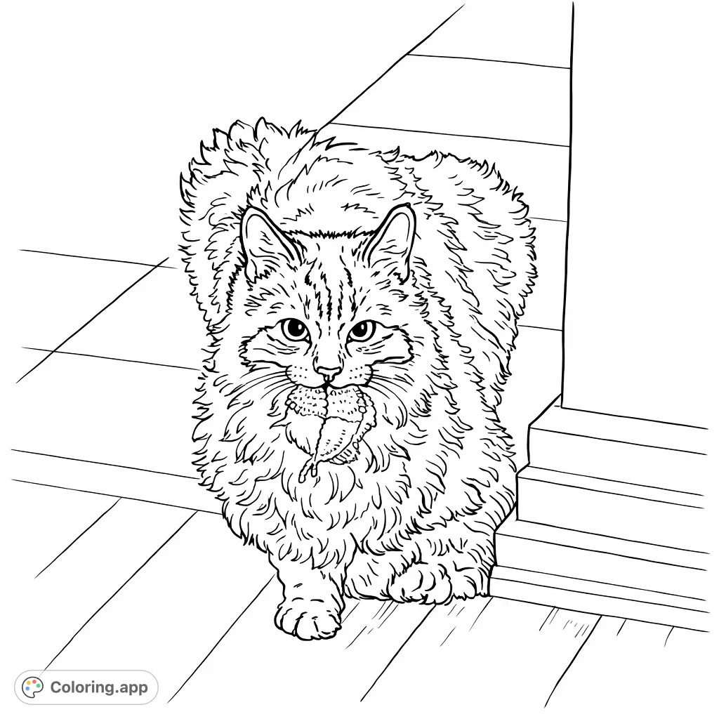 A charming fluffy cat with expressive eyes, gently holding a textured toy, depicted in a detailed indoor setting. Perfect for pet lovers and intricate coloring.