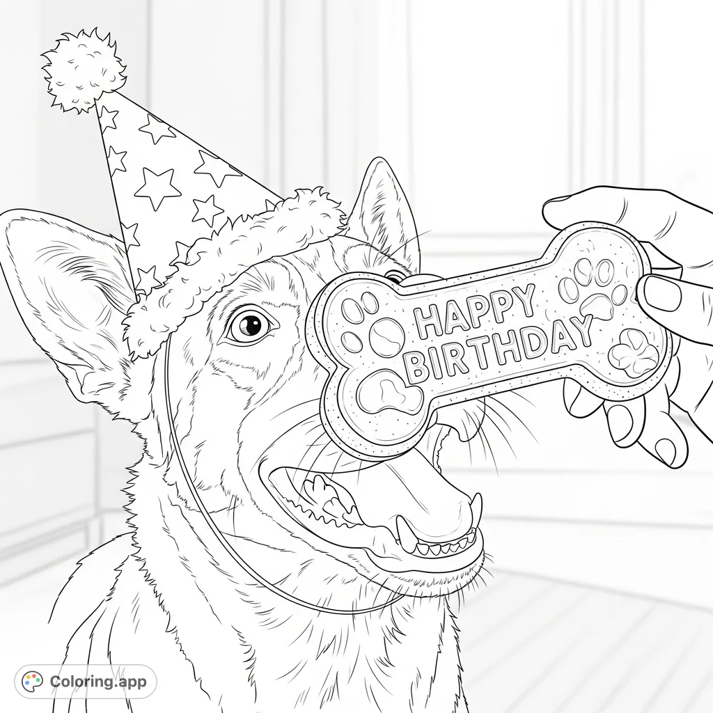A delightful dog in a star-adorned party hat, happily receiving a 'happy birthday' bone-shaped cookie from a hand. Perfect for celebrating furry friends.
