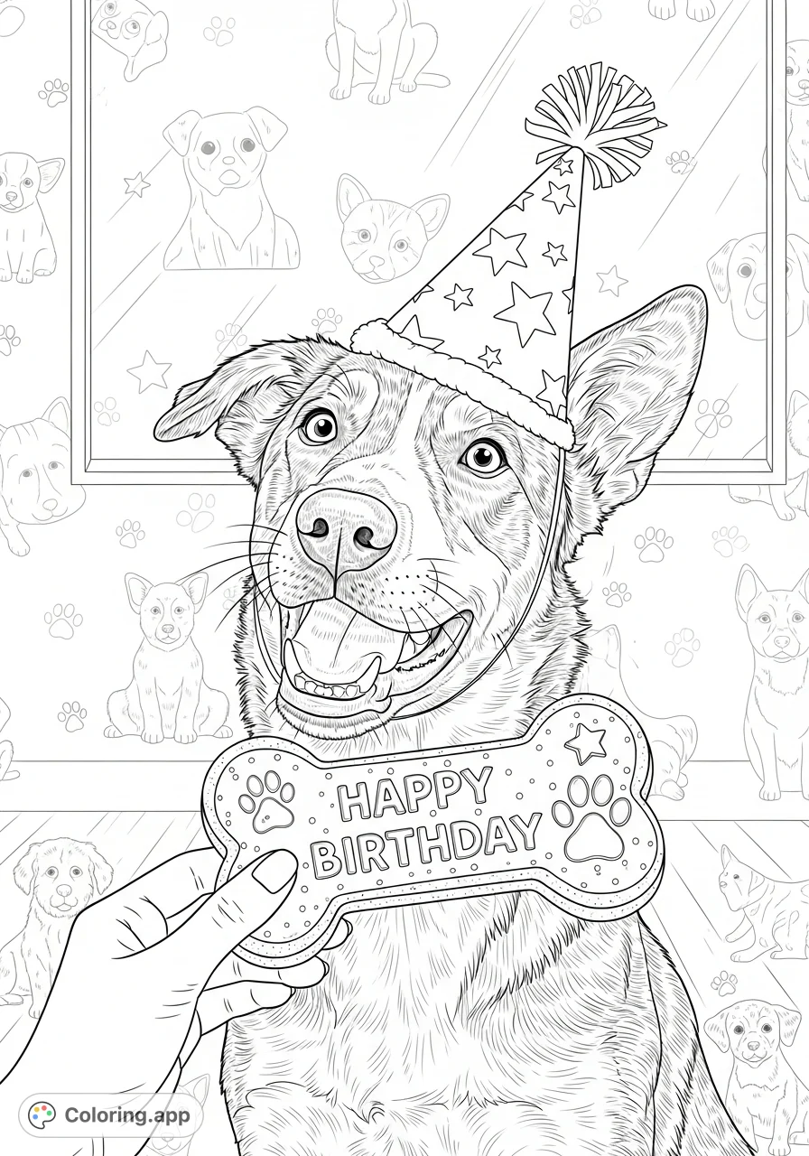 Celebrate with this adorable dog wearing a party hat, receiving a 'happy birthday' bone cookie. A joyful pet coloring page for all ages!