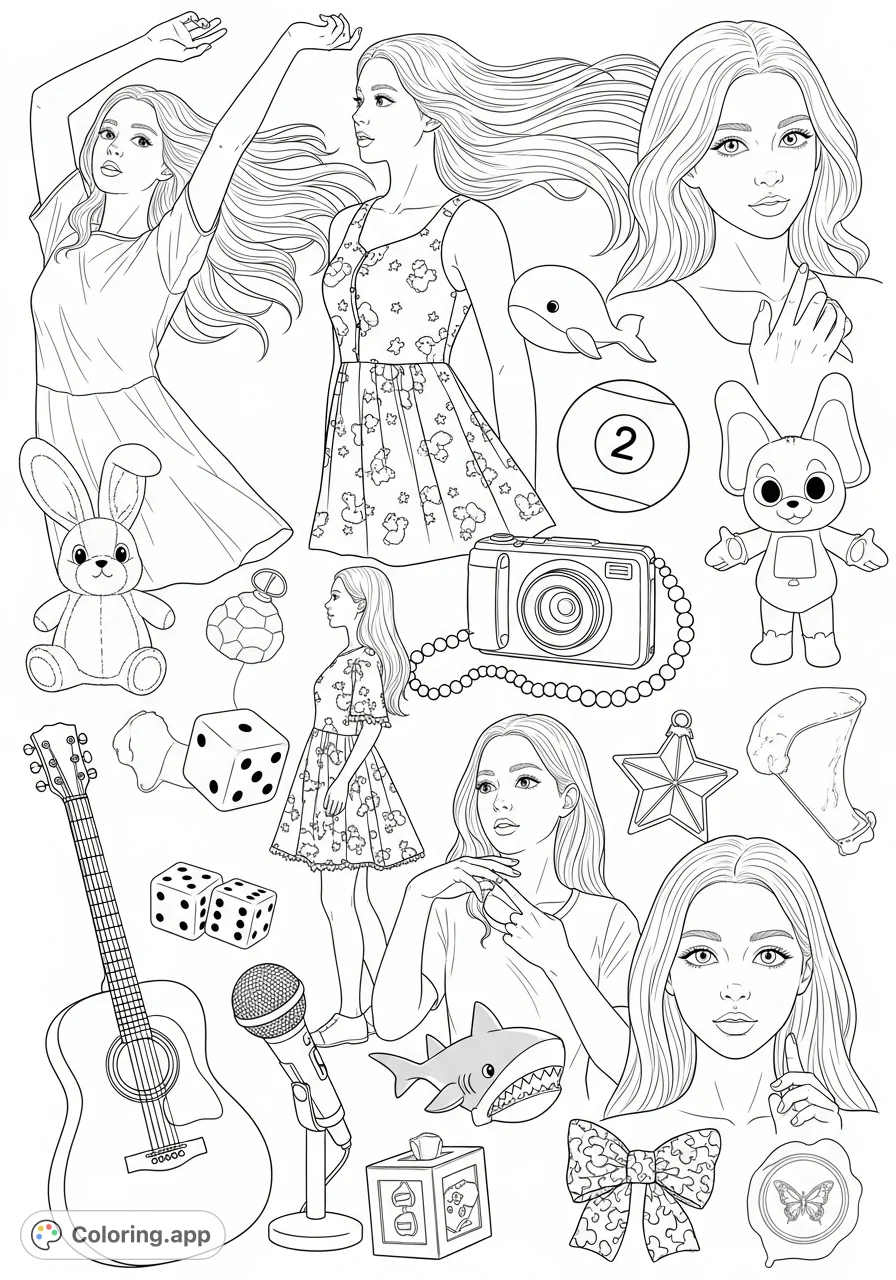Explore a detailed collage featuring a young woman in various poses, surrounded by a charming collection of personal objects and intricate patterns.