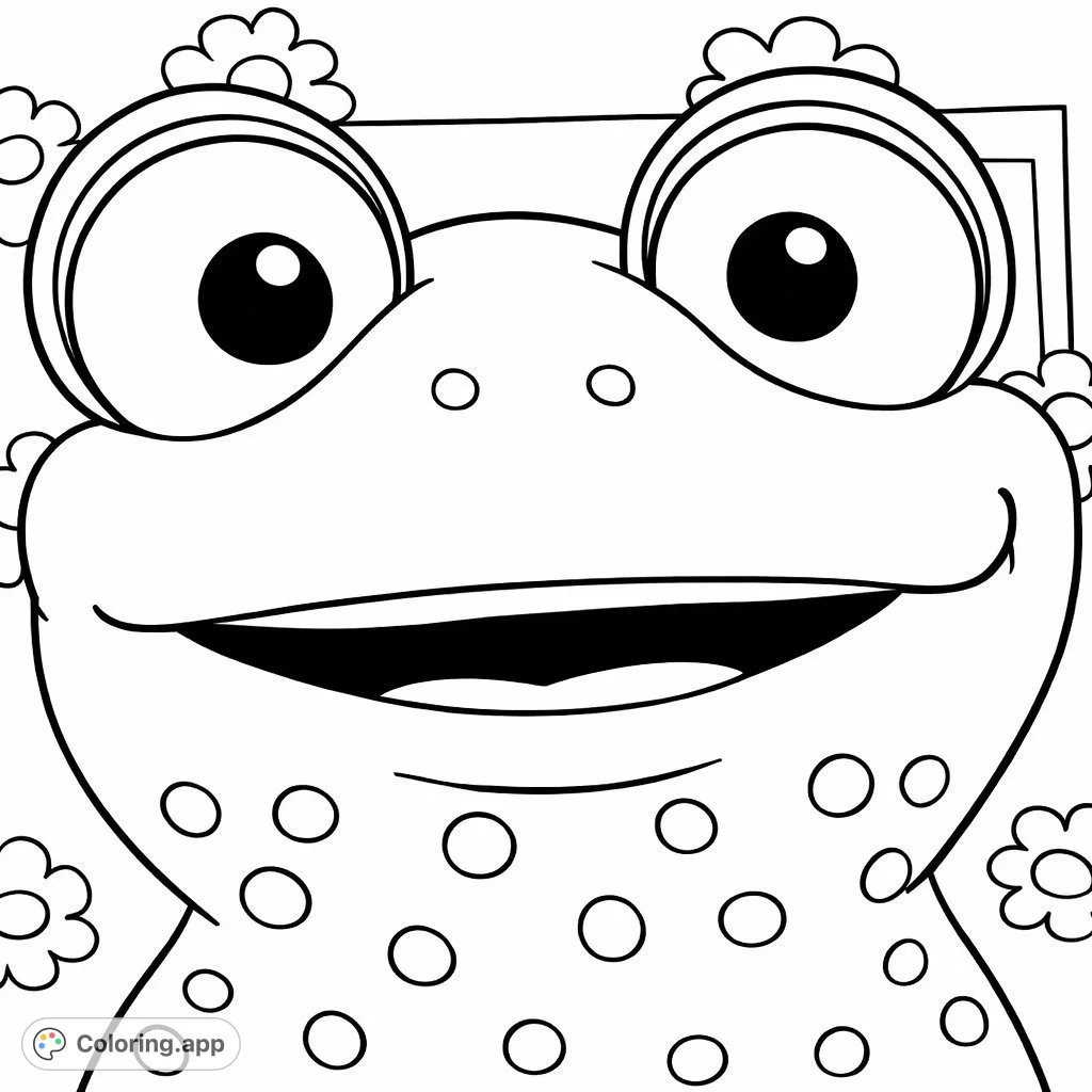 A delightful frog character with big eyes and a cheerful smile, featuring playful spots and a simple background. Perfect for young colorists!