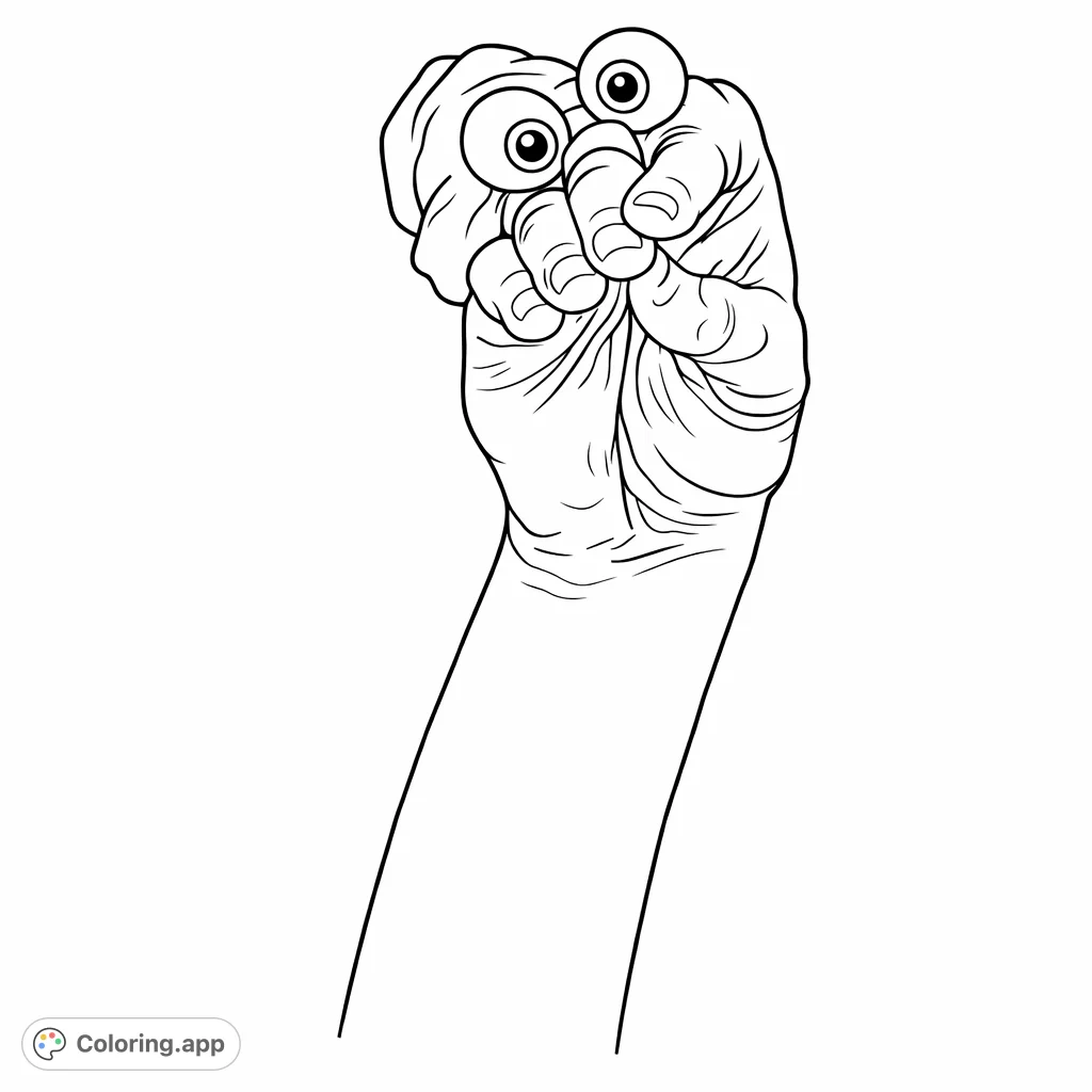 A whimsical coloring page featuring a hand puppet with large, expressive eyes, held by a human hand, set against a simple backdrop. Perfect for creative fun.
