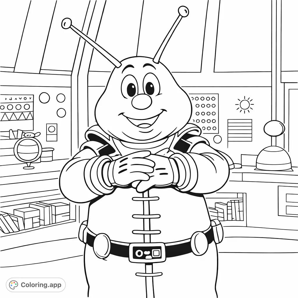 A cheerful space explorer character stands in a detailed control room, ready for an imaginative coloring adventure. Perfect for fans of sci-fi cartoons!