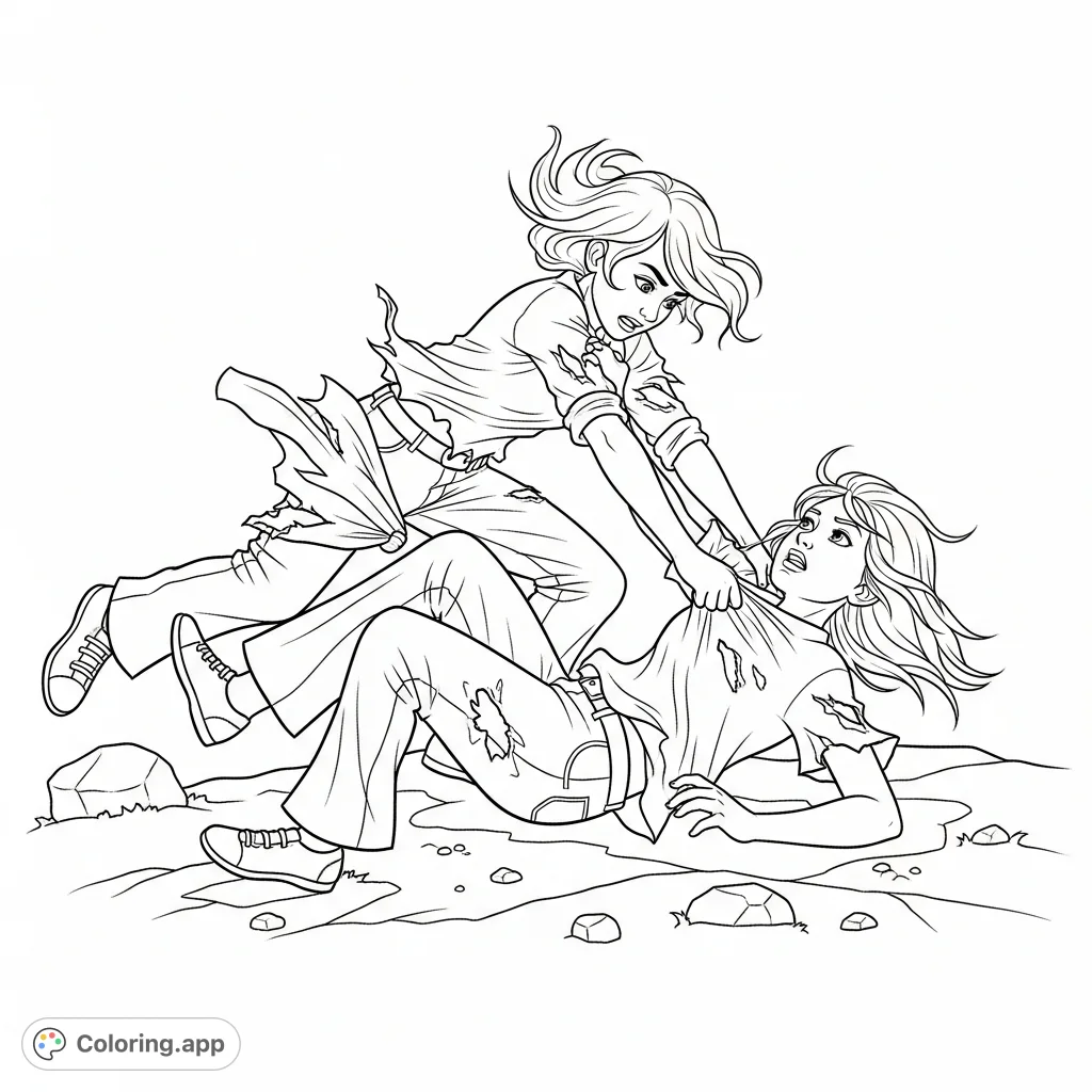 An intense coloring page features two girls in a dynamic physical struggle, rolling on uneven ground with torn clothing, capturing raw emotion and intense action.