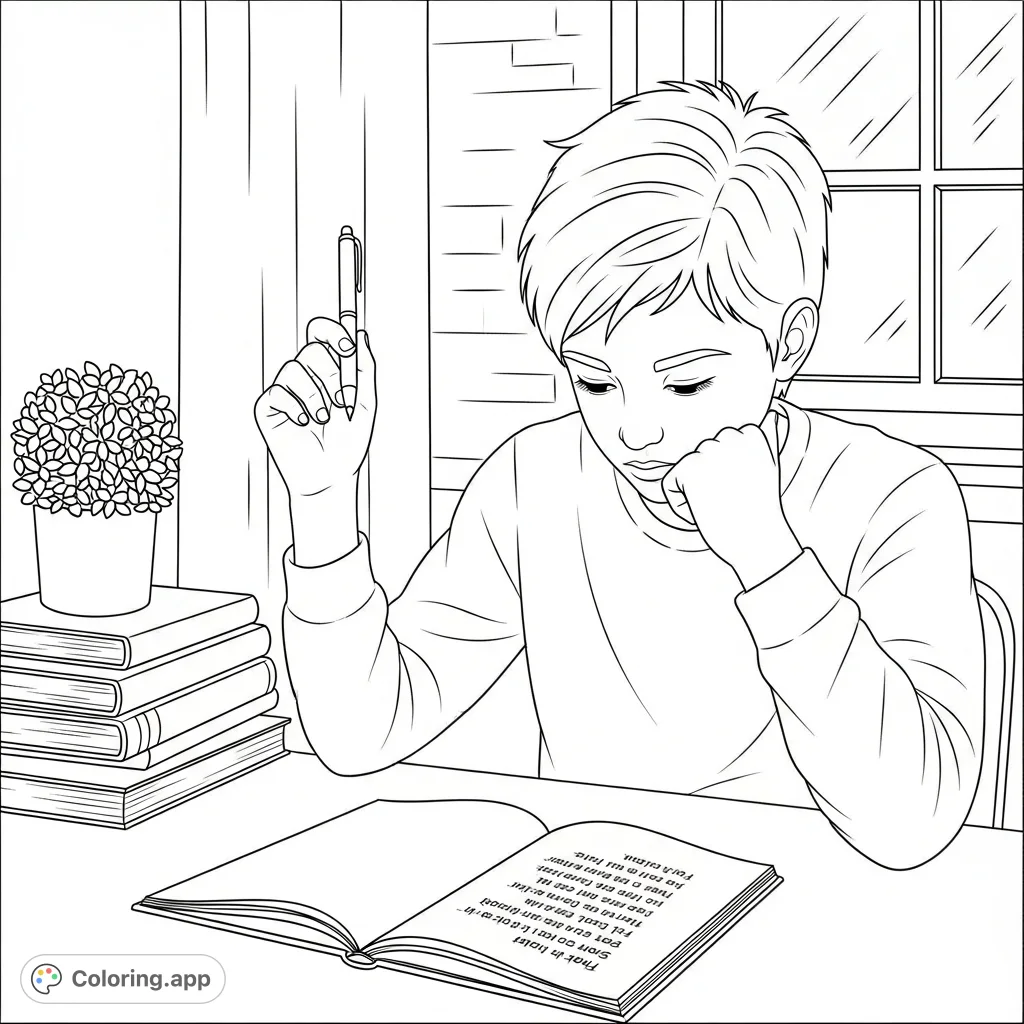 A thoughtful teenager immersed in writing a poem in their notebook, surrounded by books and a quiet space, perfect for reflection.