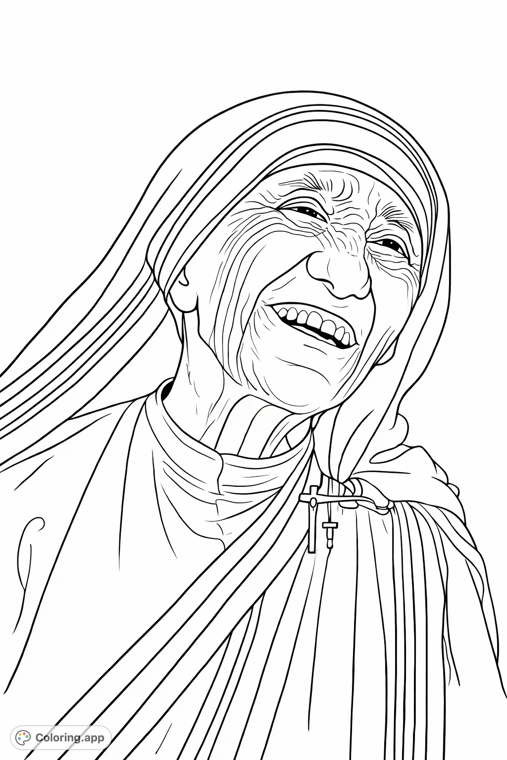 Capture the serene joy of an elderly woman's portrait. A peaceful, smiling face with intricate details, perfect for a contemplative coloring experience.