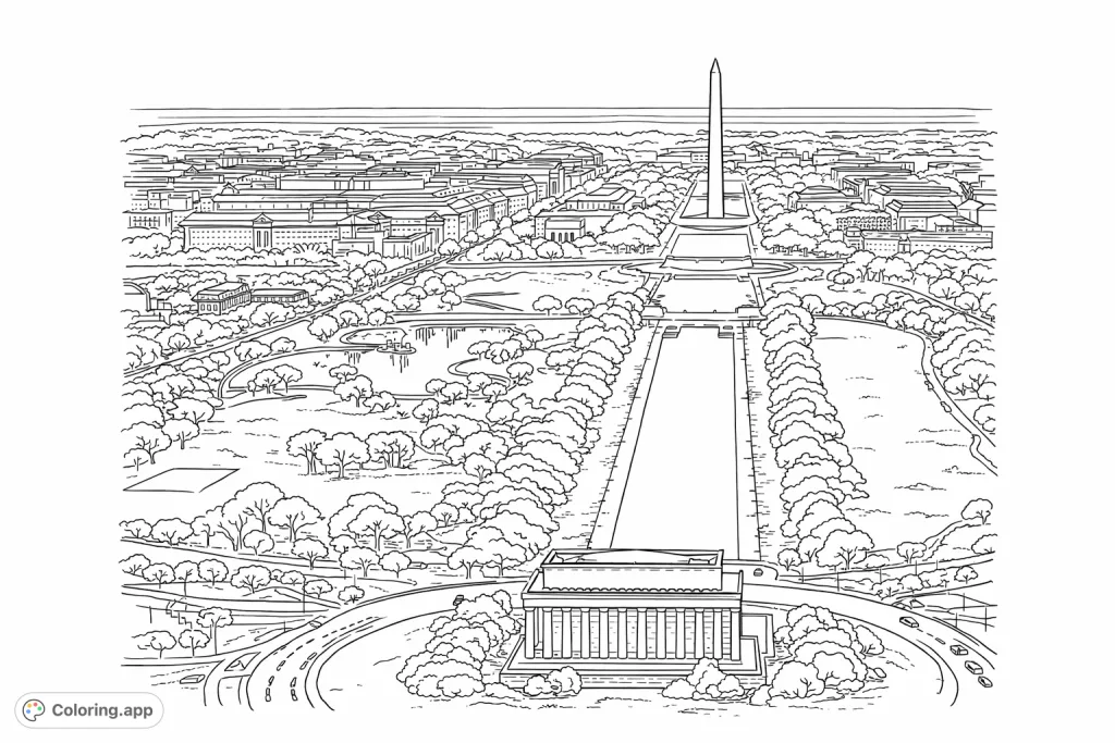 An impressive aerial view of the National Mall, featuring the Lincoln Memorial, Reflecting Pool, and Washington Monument amidst civic architecture.
