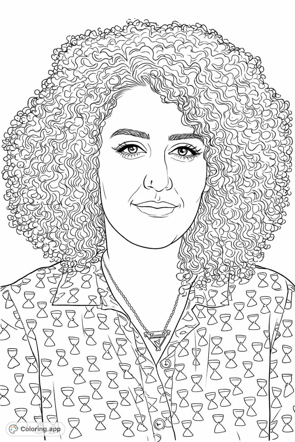 A detailed portrait coloring page of a woman with voluminous curly hair and a patterned shirt, offering a sophisticated coloring experience.