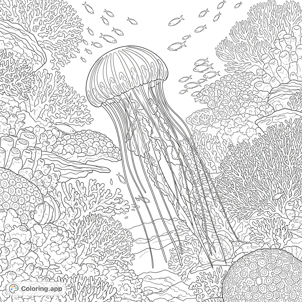 A delicate jellyfish gracefully floats amidst a vibrant coral reef. This free printable coloring page offers a serene underwater scene for ocean animal lovers.