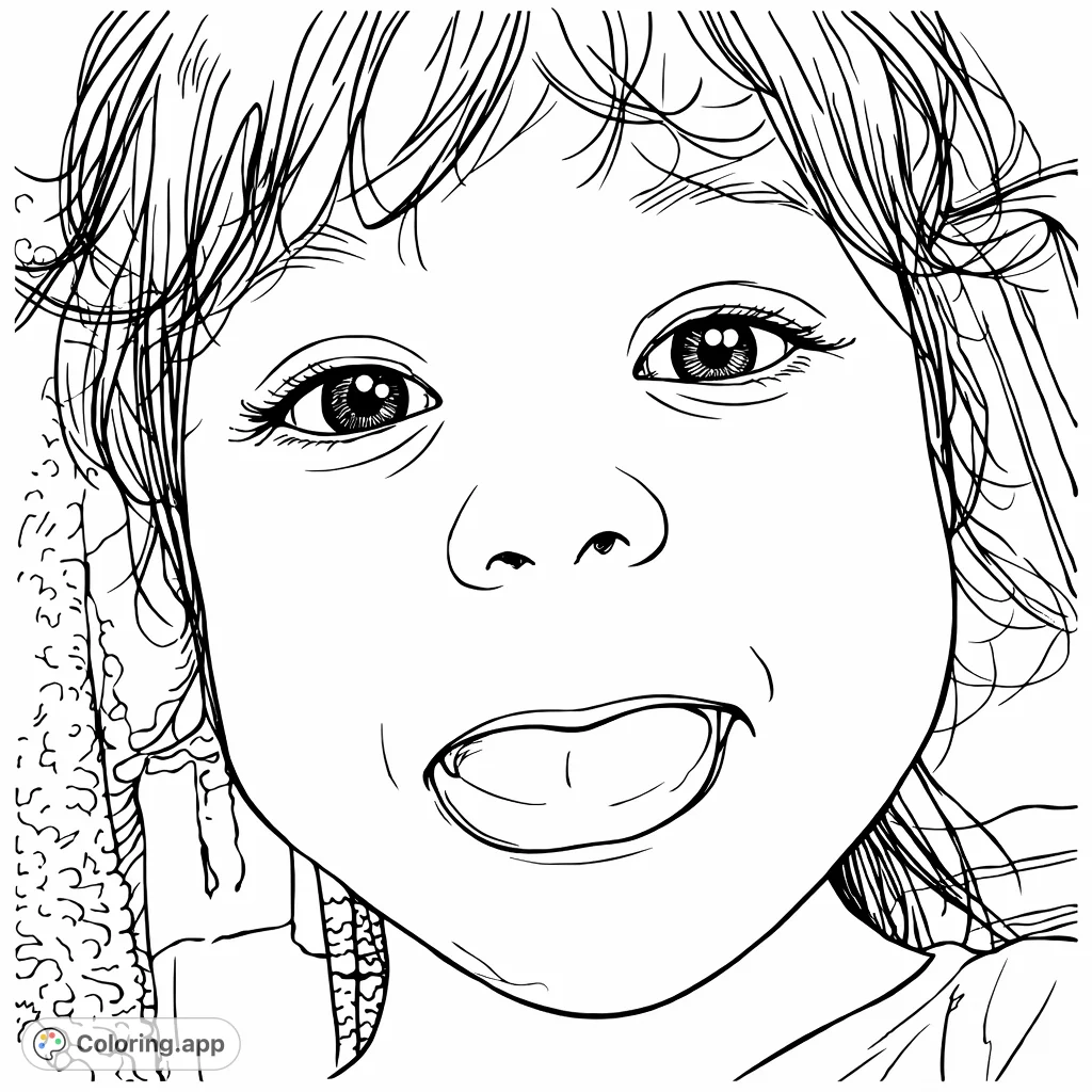 A fun close-up of a child's face playfully sticking out their tongue, perfect for a delightful coloring page. Features soft hair and expressive eyes.