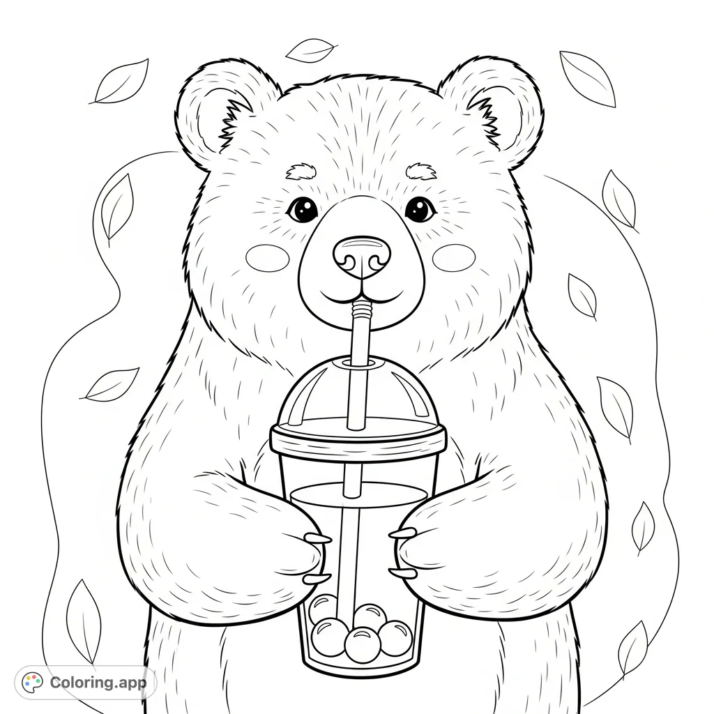 An adorable bear enjoying a sweet Boba tea, complete with spherical pearls and a wide straw. A charming free printable coloring page for all ages.