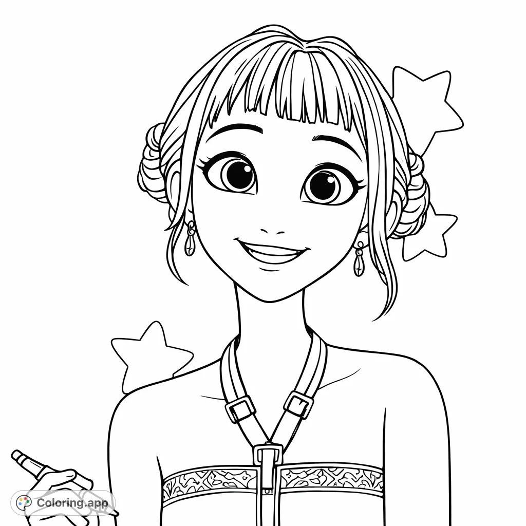 A cheerful animated character smiles, featuring stylish hair, a unique top with a harness detail, and star patterns in the background. Perfect for creative expression!