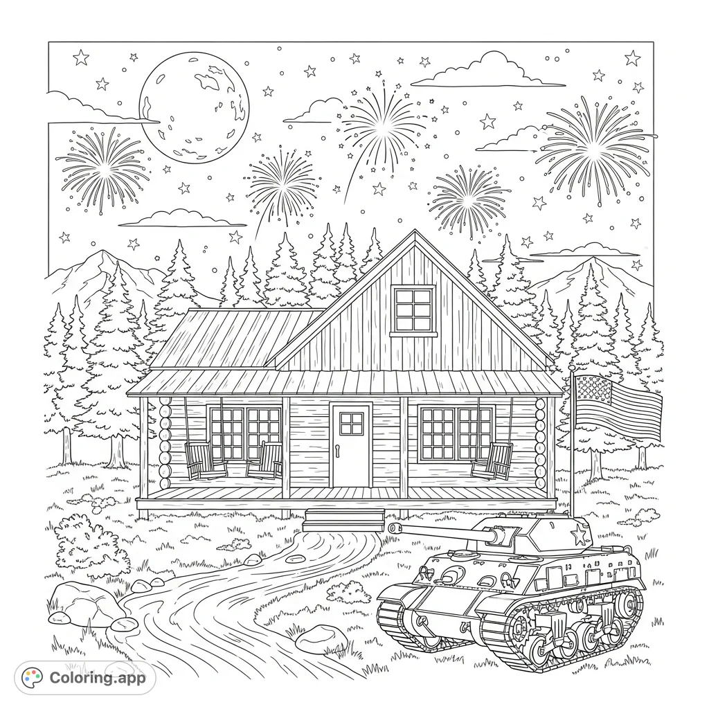 A unique coloring page combining a rustic log cabin, a powerful World War 2 tank, an American flag, and a celebratory night sky with fireworks.
