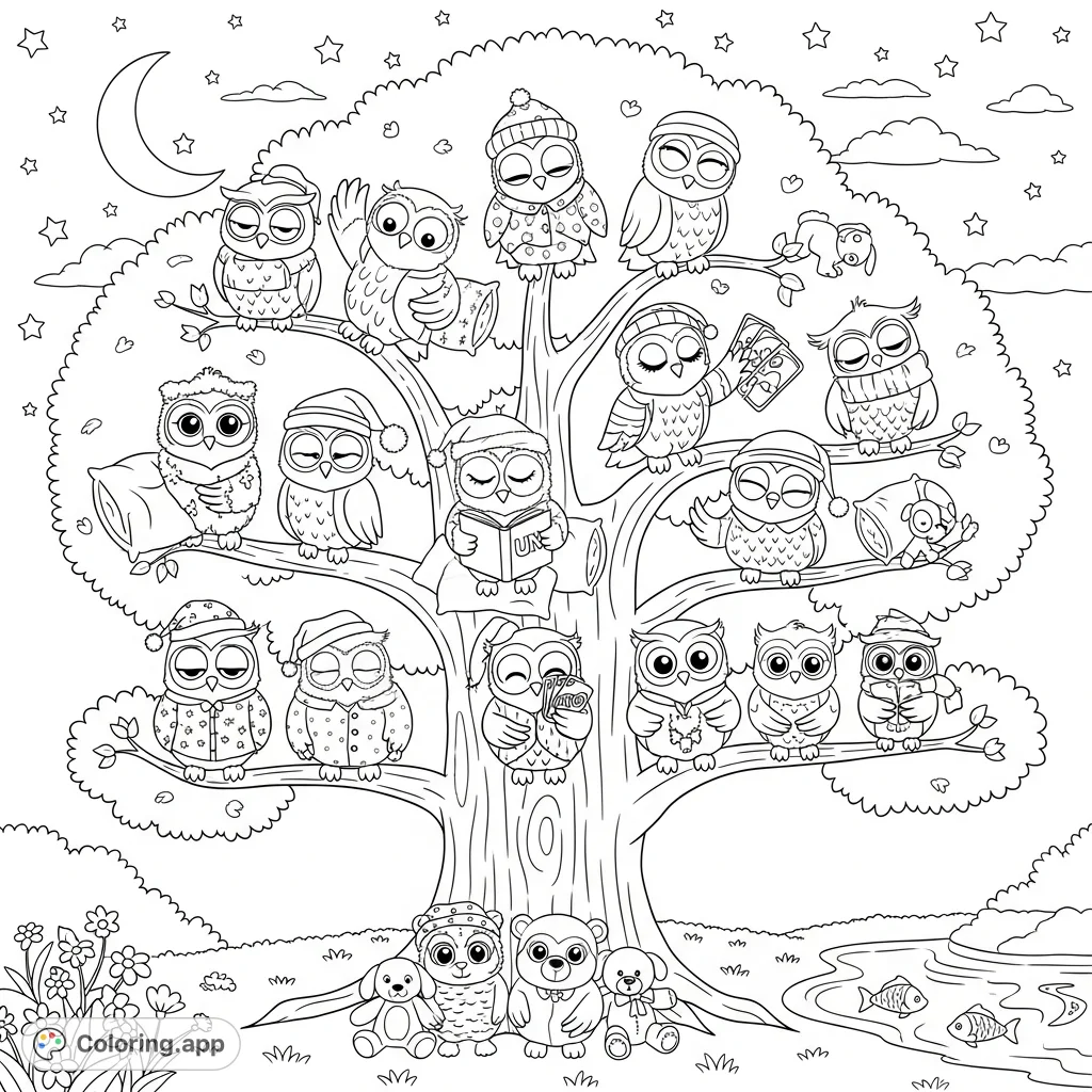 A whimsical owl sleepover party unfolds in a large tree under a starry sky. Twenty owls enjoy their slumber party with pajamas, pillows, books, games, and plushies.
