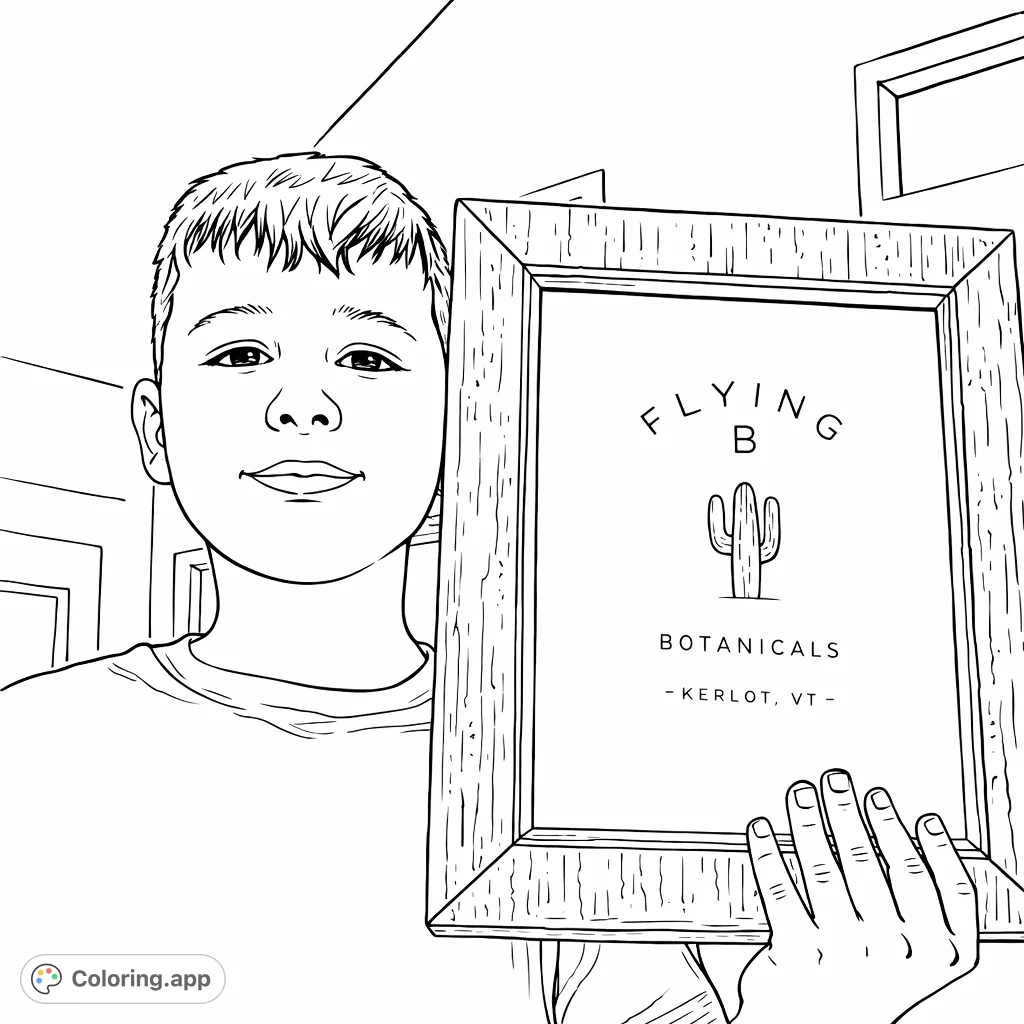 A charming coloring page featuring a young boy proudly holding a rustic framed picture of a stylized cactus and text, perfect for all ages.