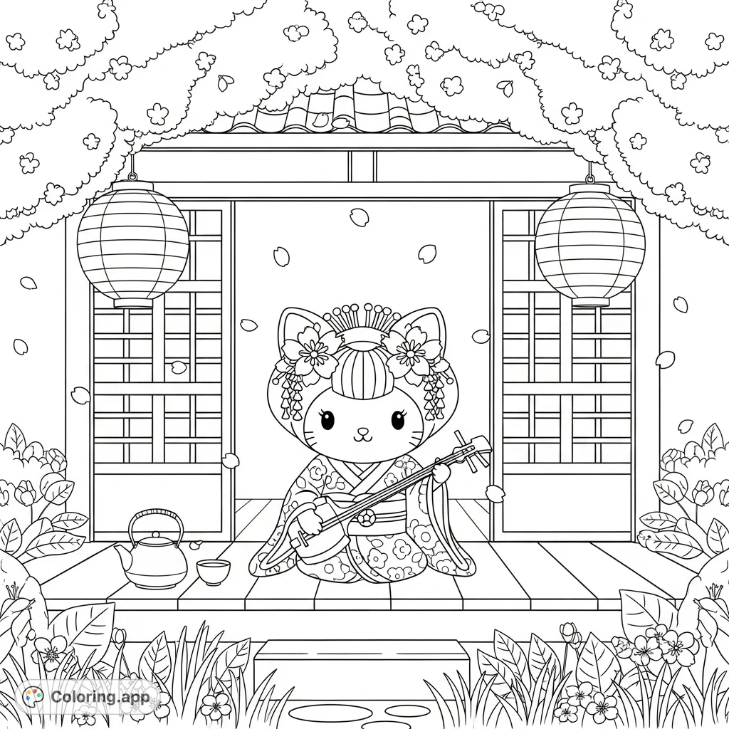 A charming kawaii cat-like character in a kimono plays a shamisen on a traditional Japanese porch, surrounded by blooming cherry blossoms and lanterns. A delightful scene.