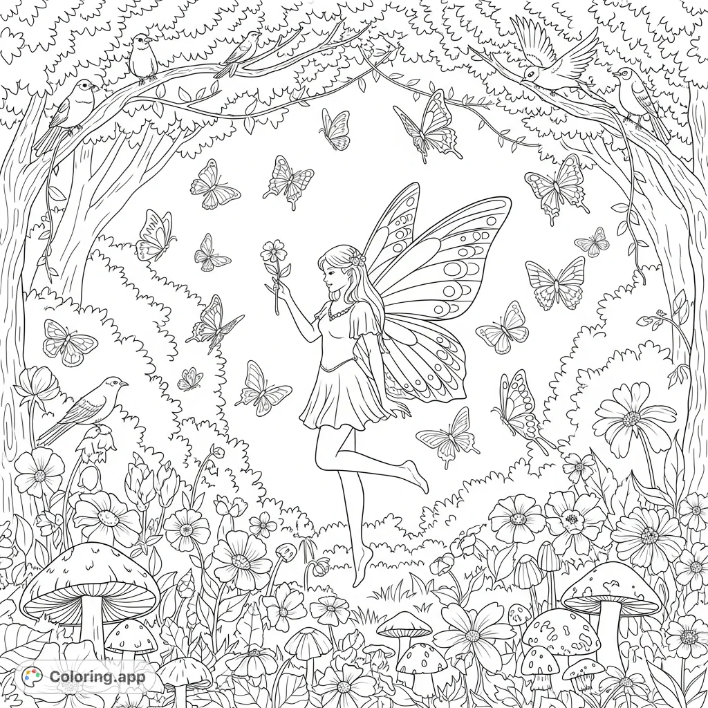 Discover a beautiful fairy with detailed butterfly wings amidst a magical garden, surrounded by enchanting flowers, mushrooms, butterflies, and birds.