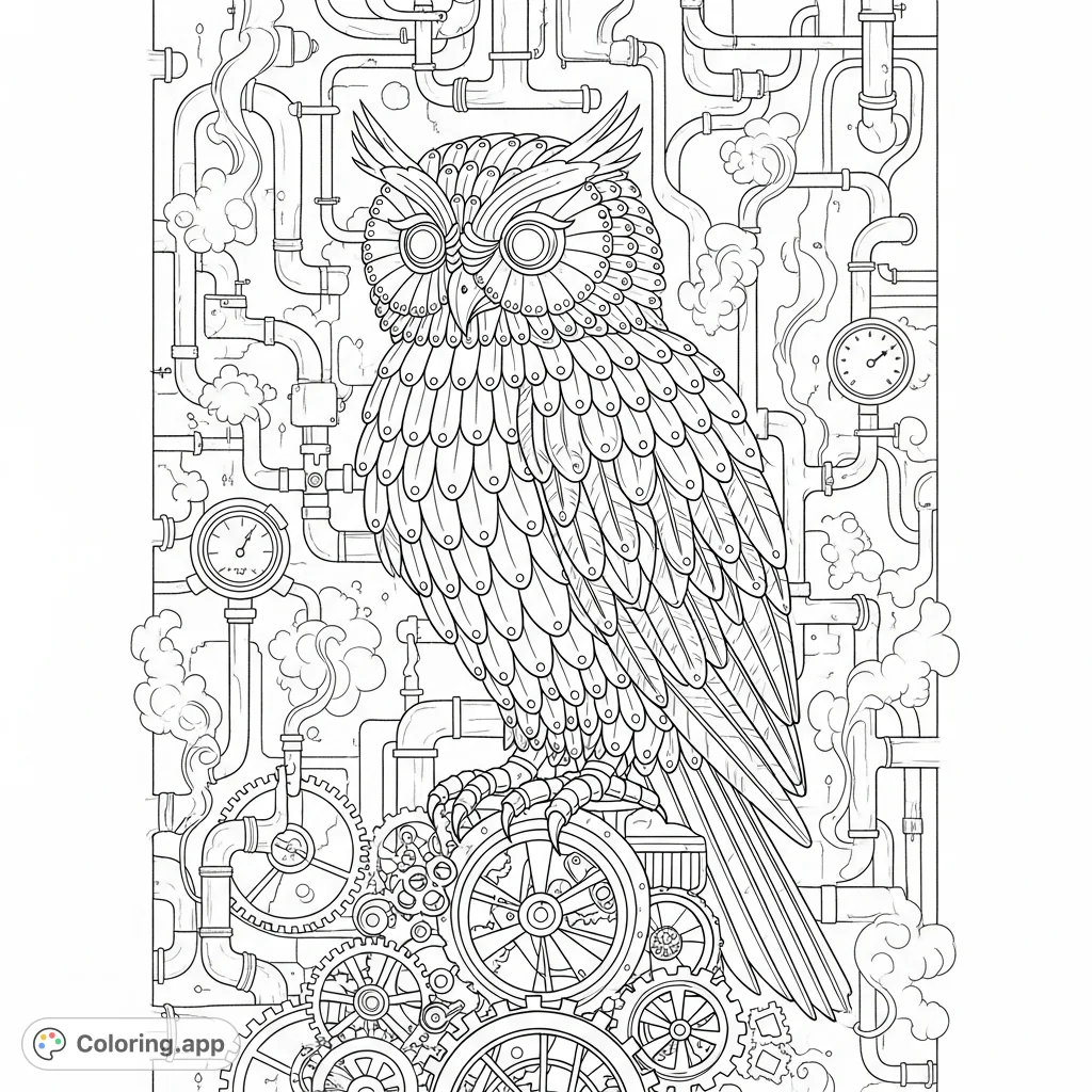 An intricate steampunk aviary coloring page featuring a mechanical owl with metallic feathers perched on gears amidst winding pipes, gauges, and steam. A detailed free printable coloring page.