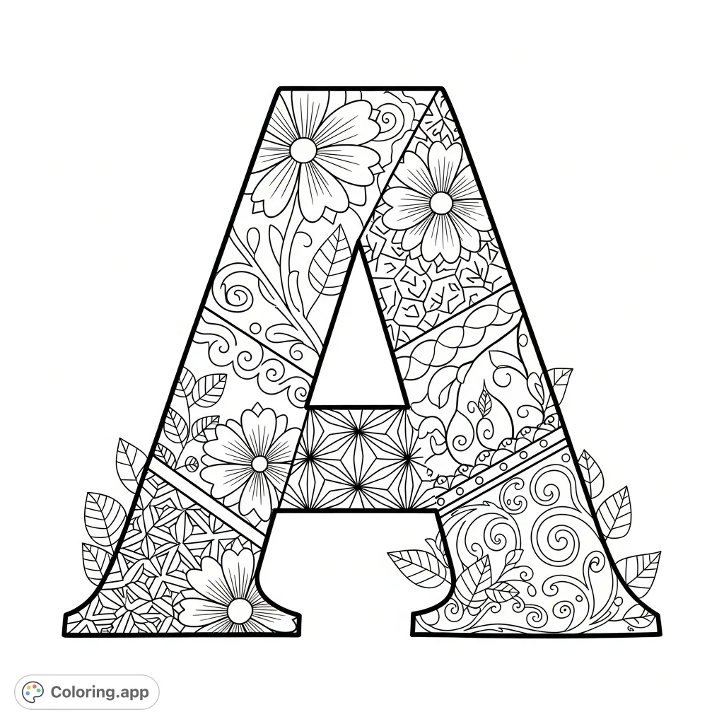 Immerse yourself in a Zentangle floral letter A coloring page, a free printable design perfect for intricate detail and mindful creative expression.