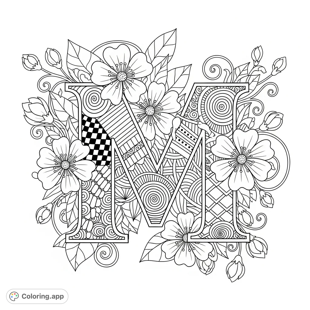 An intricate Zentangle letter 'M' design, interwoven with delicate floral patterns and natural elements, perfect for mindful coloring and creative expression.
