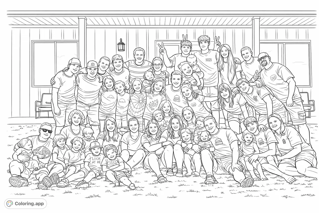 A heartwarming family gathering coloring page, featuring a large group of smiling individuals across generations. Perfect for celebrating connections and togetherness.